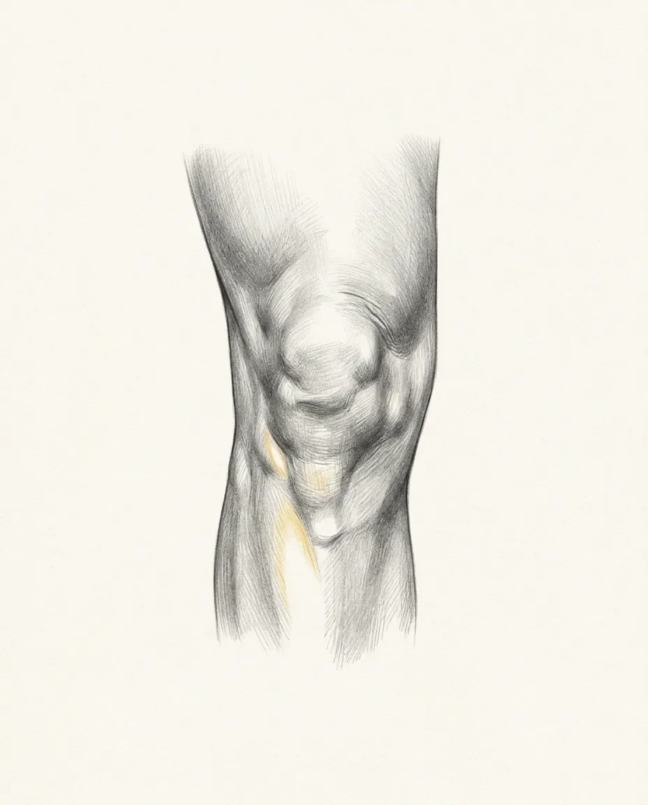 A bare knee is drawn from the front with the cap and surrounding tendons modelled, one hollow touched with gold.