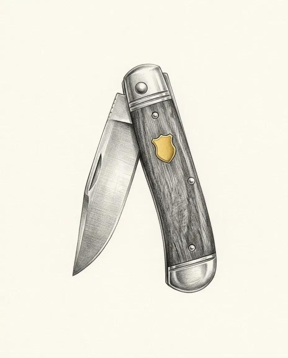 A folding pocketknife rests half open with a wood-scaled handle and a small gold shield inlaid in the side.