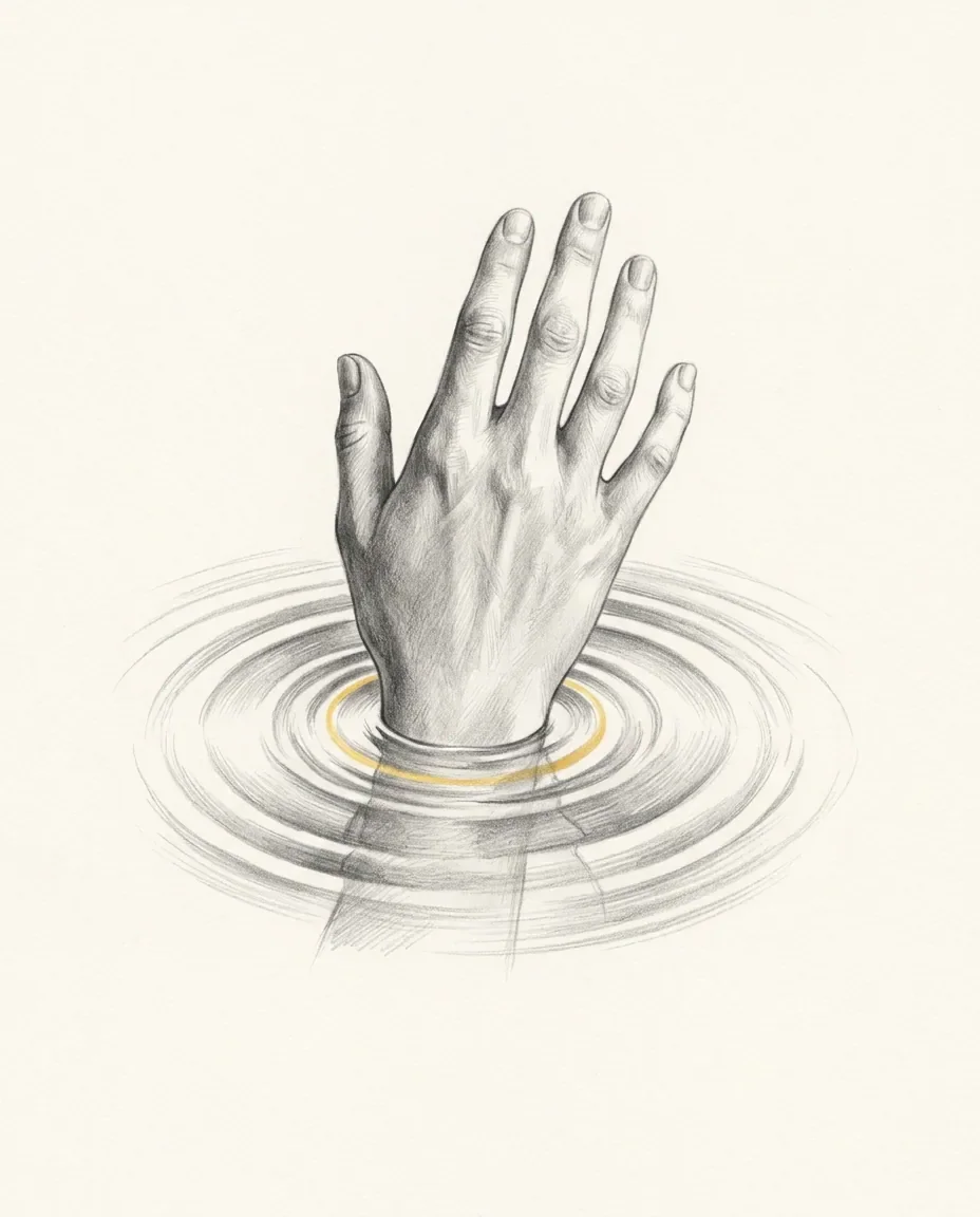 A hand is lowered into still water up to the wrist, concentric ripples spreading out and one ring picked out in gold.