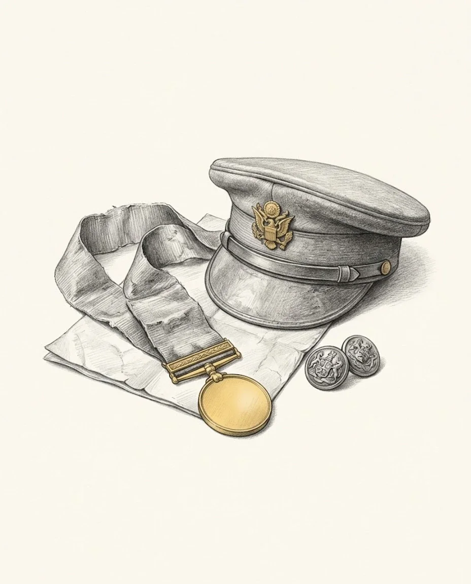 A campaign medal on a faded ribbon lies on a folded document beside a peaked cap with a brass eagle badge and two uniform buttons.