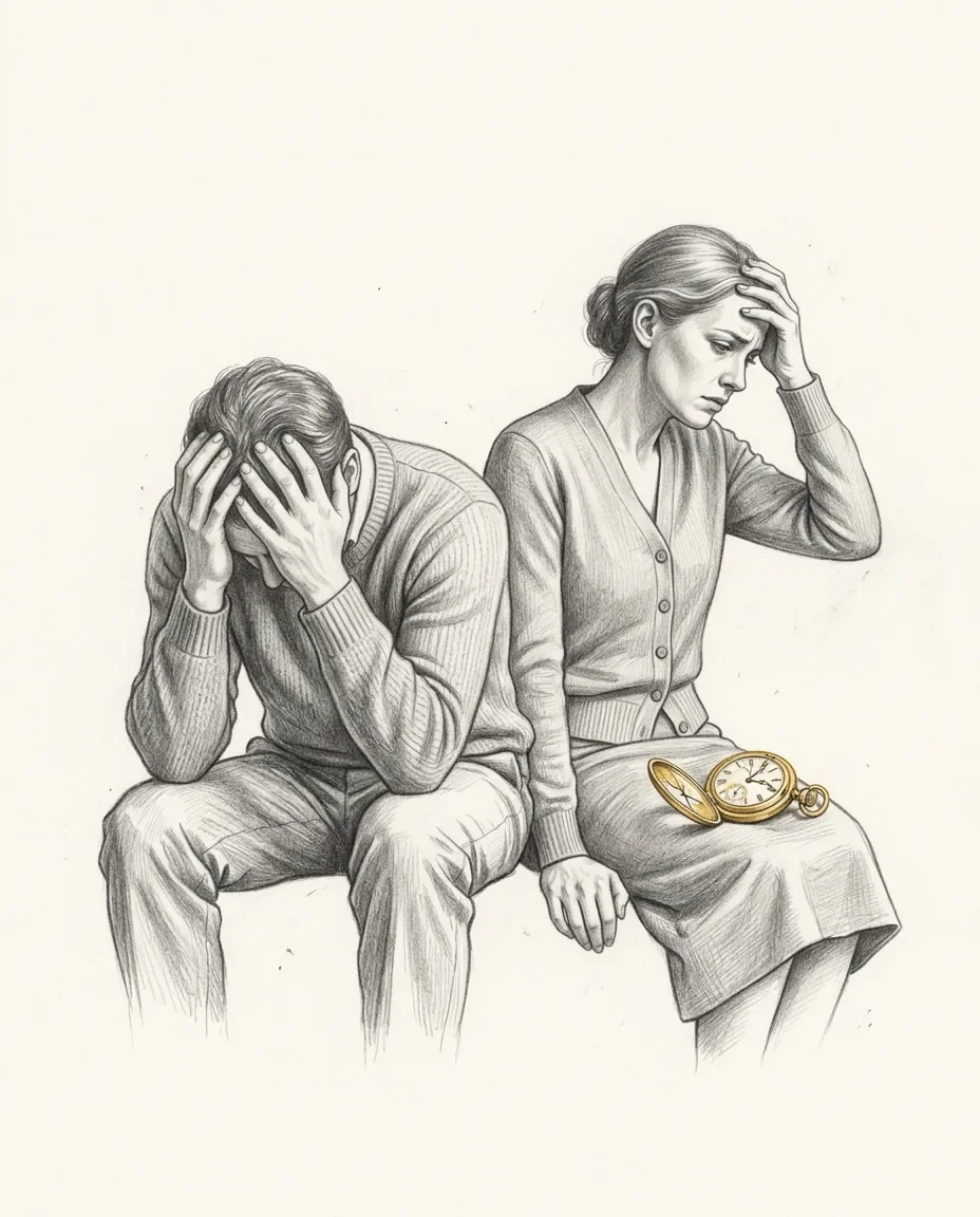 A man sits with his head in both hands beside a woman pressing a hand to her forehead, a gold pocket watch open on her lap.