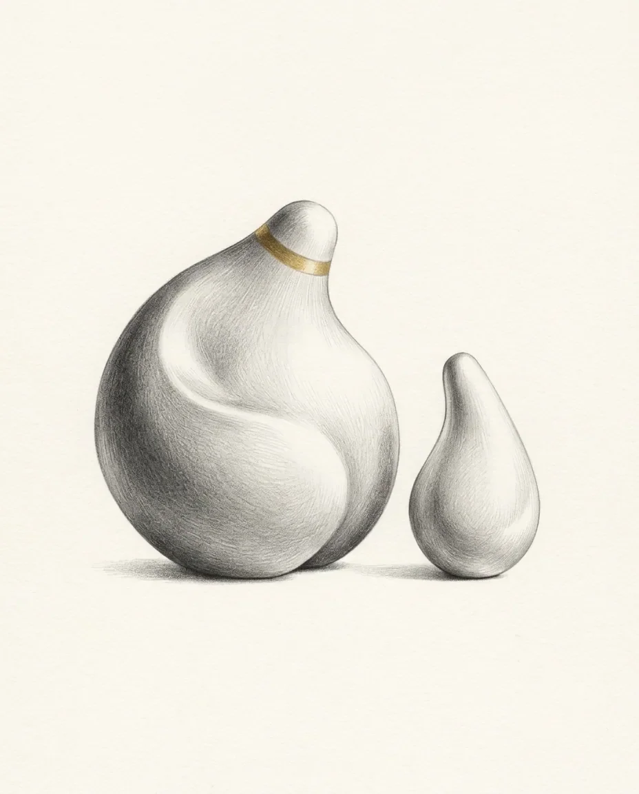 Two smooth abstract forms stand side by side, one much larger with a gold band at its neck and one small and plain.