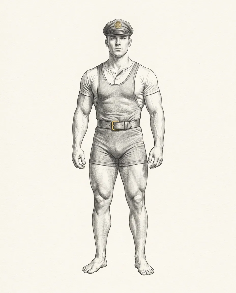 A muscular man stands in a peaked cap, singlet and shorts with a gold belt buckle at the waist.