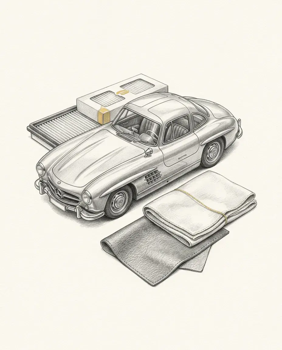 A silver gullwing sports car sits beside a cabin air filter, a boxed replacement and two folded cloths.