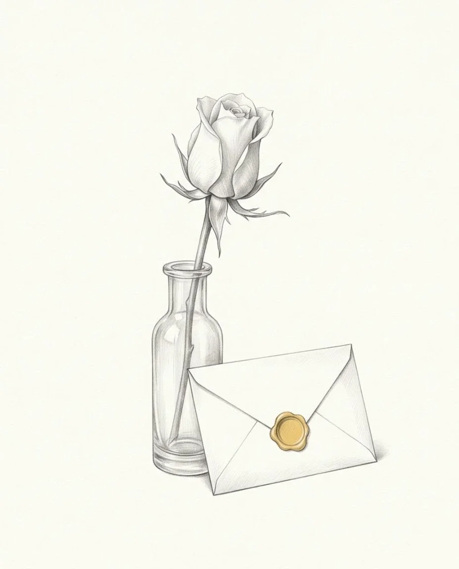 A single white rosebud on the point of opening stands in a slim glass vase beside a cream envelope whose round wax seal is still unbroken.