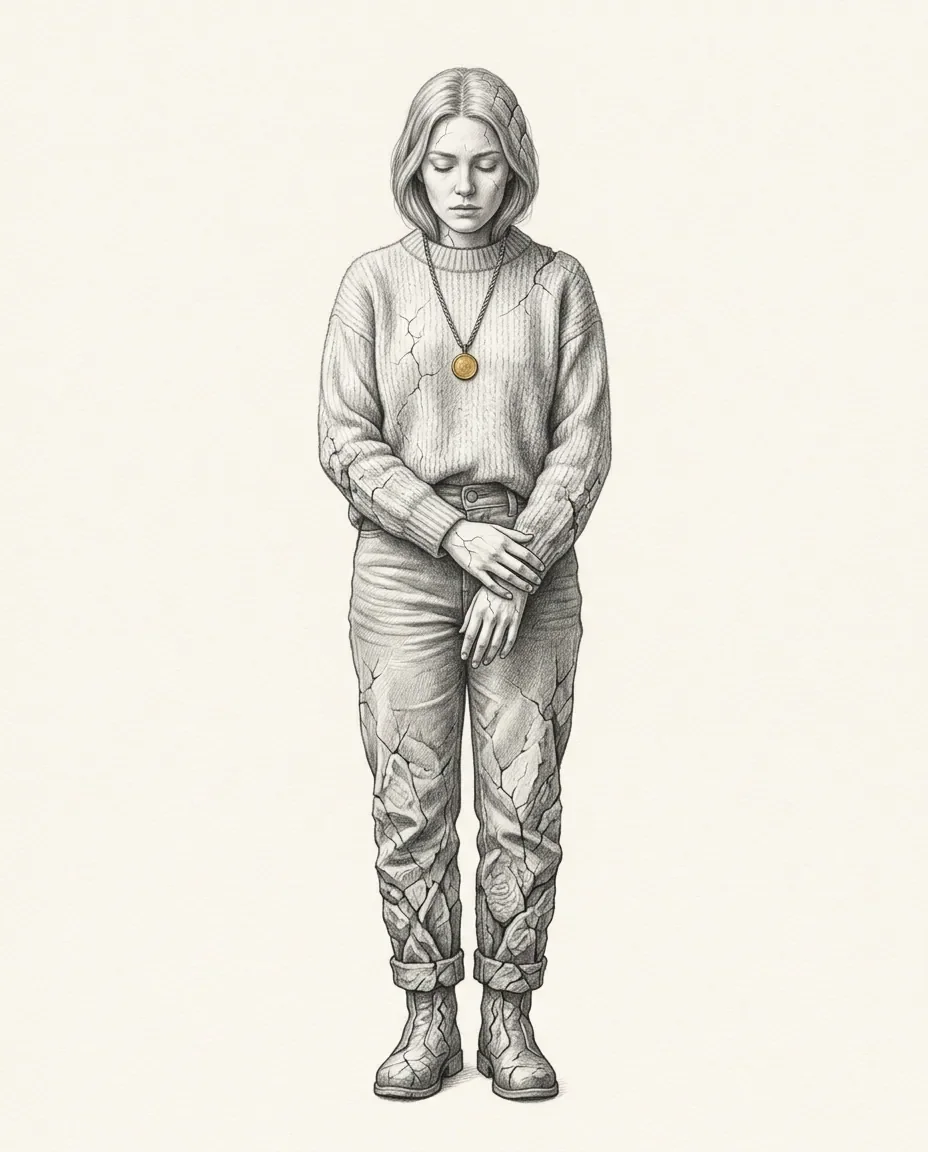 A woman stands with eyes closed and hands clasped as fine cracks spread across her sweater, trousers and boots like fracturing stone, a gold pendant at her throat.