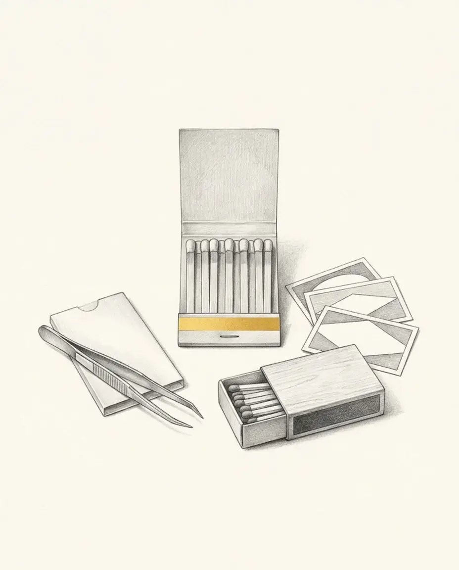An open matchbook with its striker strip in gold stands beside three fanned blank labels, a half-open wooden matchbox, tweezers and a paper sleeve.