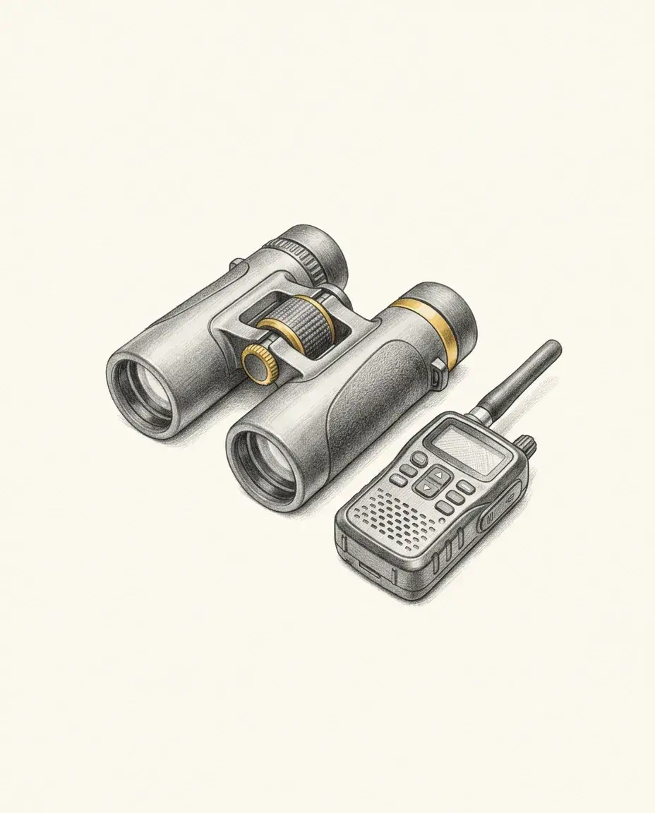 Field binoculars sit beside a small handheld radio scanner with its antenna raised, one gold focus ring catching the light.