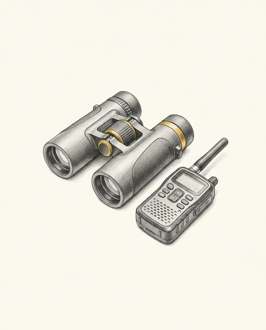Field binoculars sit beside a small handheld radio scanner with its antenna raised, one gold focus ring catching the light.