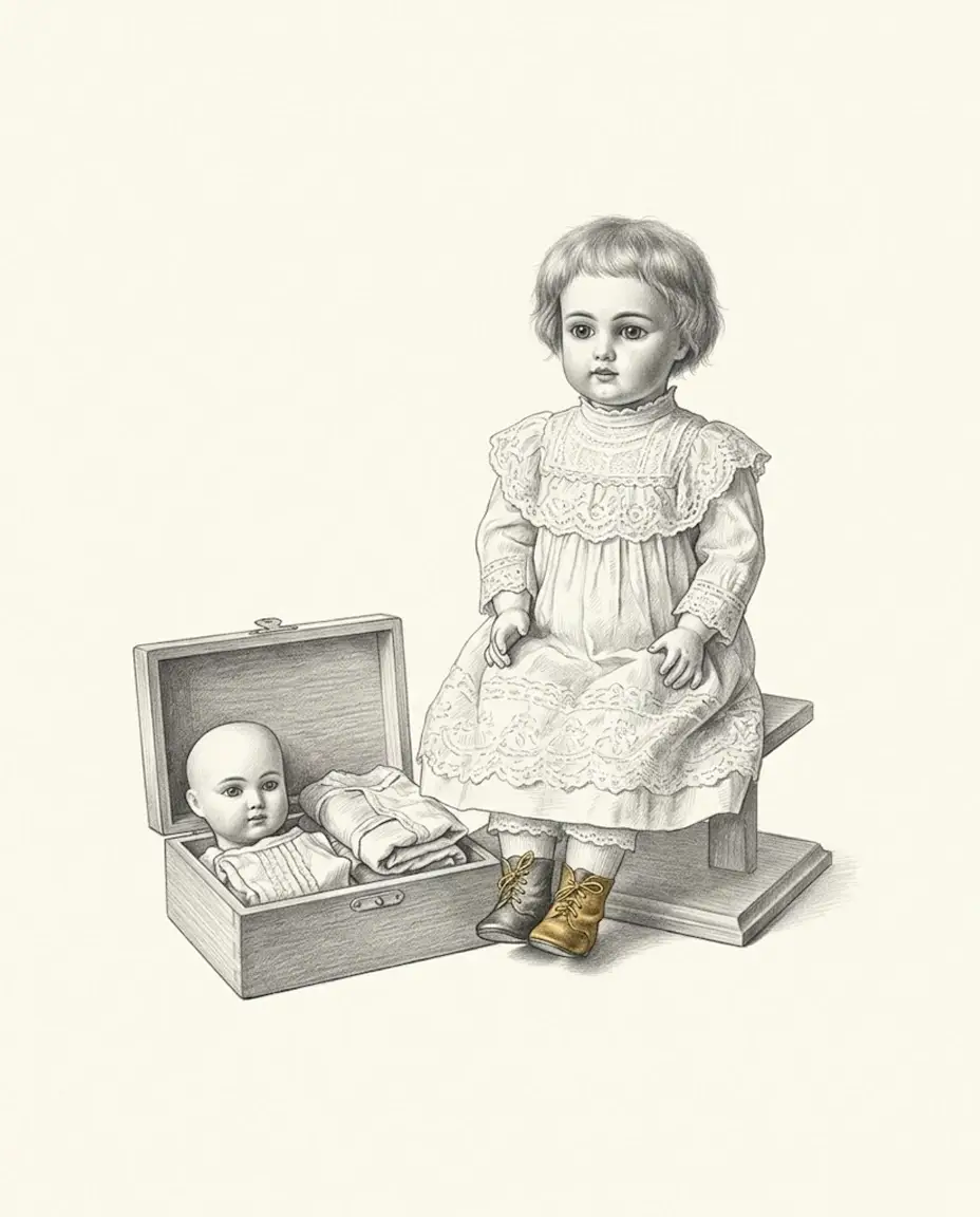 An antique bisque doll in a lace dress and small leather boots sits on a wooden stand beside an open case holding a spare head and folded costumes.