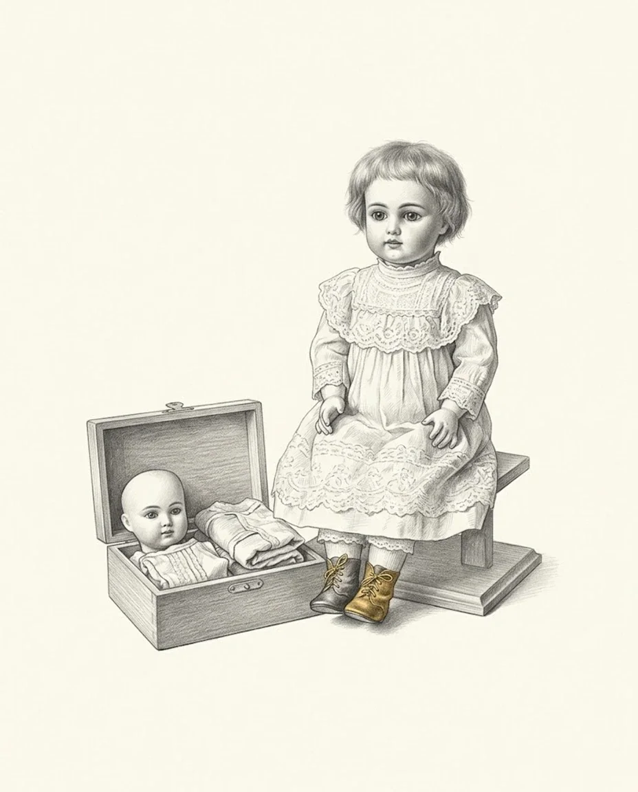 An antique bisque doll in a lace dress and small leather boots sits on a wooden stand beside an open case holding a spare head and folded costumes.