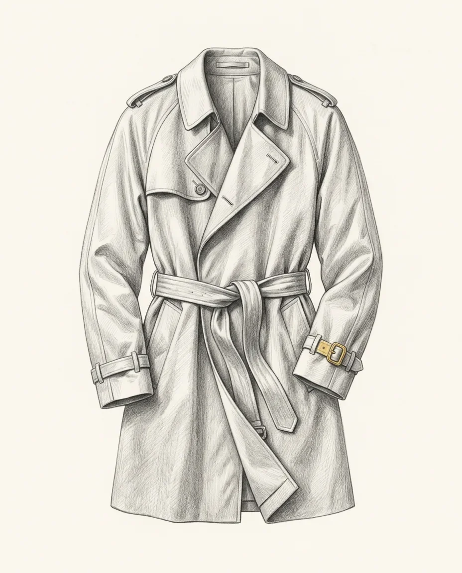 A belted double breasted mac hangs open on an unseen form, sleeves and skirt falling in soft creases, one cuff strap fastened with a gold buckle.