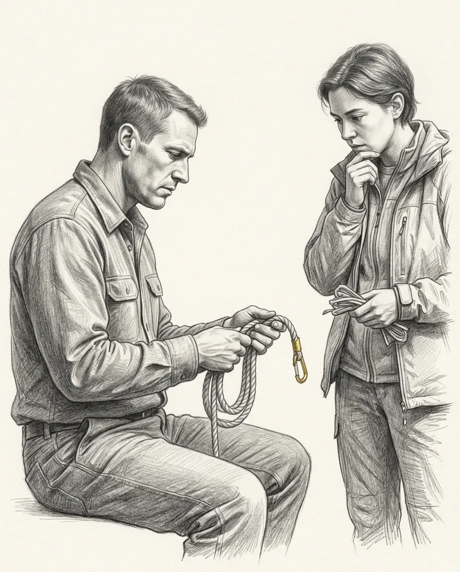 A seated man works a loop of rope through his hands while a standing woman holds a coil of her own, a gold carabiner clipped at the bight.