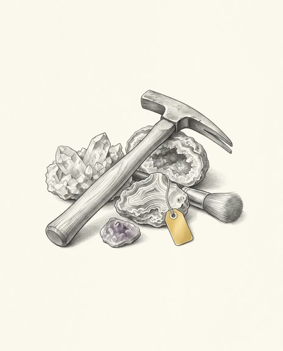 A rock pick lies across a cluster of quartz points and two split geodes, with a chip of amethyst, a soft brush and a gold specimen tag.