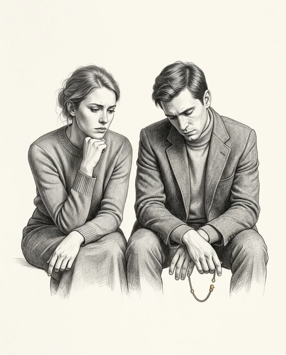 Two seated figures in quiet clothes look down and away, one holding a slack gold chain that hangs loose between his fingers.