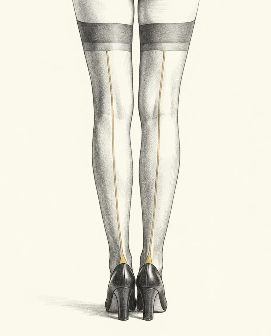 A woman's legs seen from behind in sheer stockings with straight back seams running from the welt down to squared Cuban heels above black court shoes.