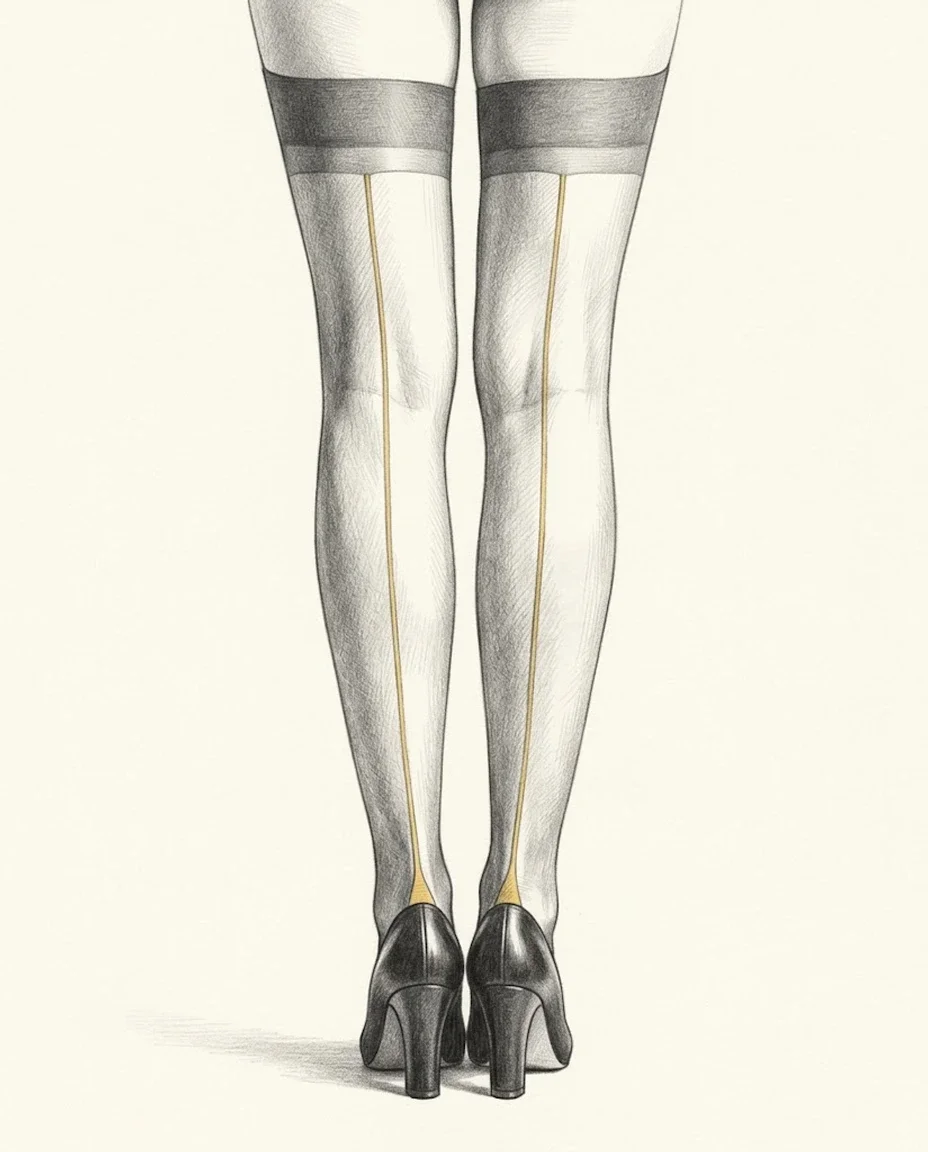 A woman's legs seen from behind in sheer stockings with straight back seams running from the welt down to squared Cuban heels above black court shoes.
