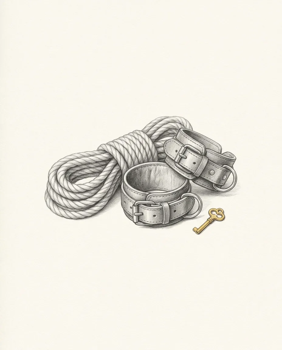 A coil of rope rests beside two buckled leather cuffs, with a small gold key lying just outside easy reach.
