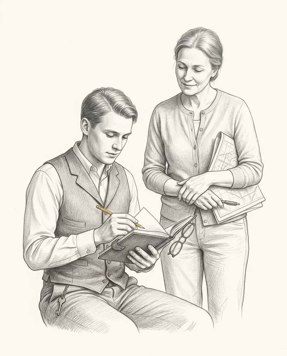 A seated man notes something in a small book with a gold pencil while a woman stands beside him holding papers and folded glasses.