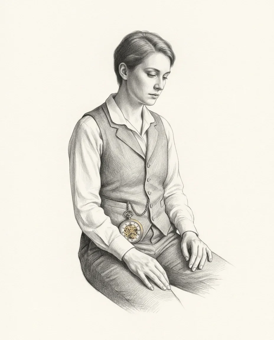 Seated with the head bowed and eyes lowered, a figure in shirt and waistcoat rests both hands on the knees, a gold pocket watch hanging at the waist.
