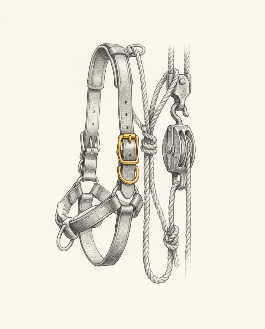 A buckled leather harness hangs beside a rope running through a wooden pulley block and hook, the rope knotted and doubled back, one brass buckle carrying the gold.