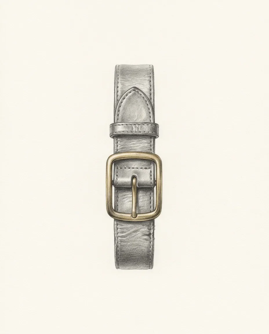 A short leather strap hangs vertically against empty ground, a keeper loop above and a rounded brass buckle at its centre, the tongue seated in the middle hole.
