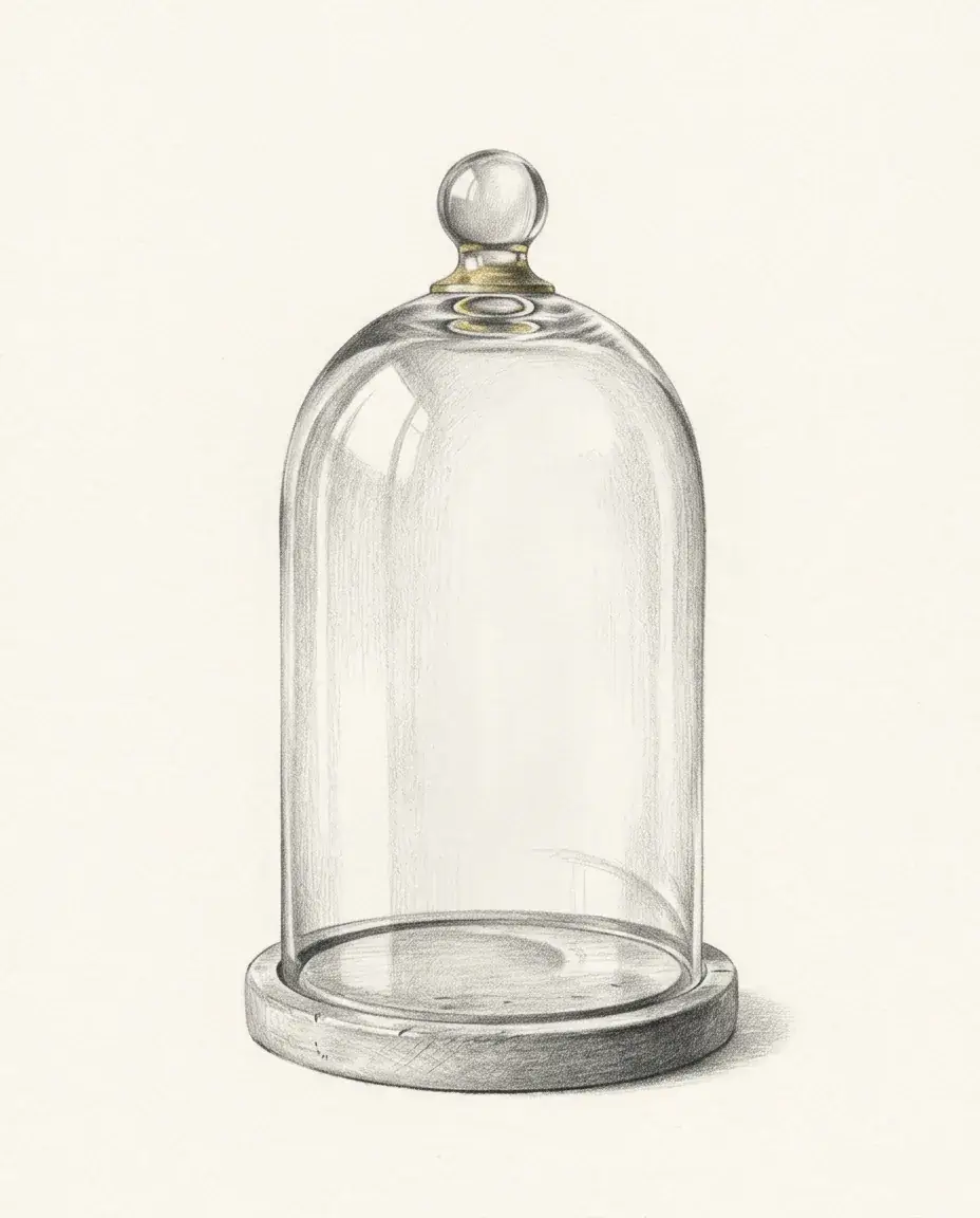 An empty bell jar rests on a turned wooden base, its brass collar catching a warm glint beneath the glass finial.