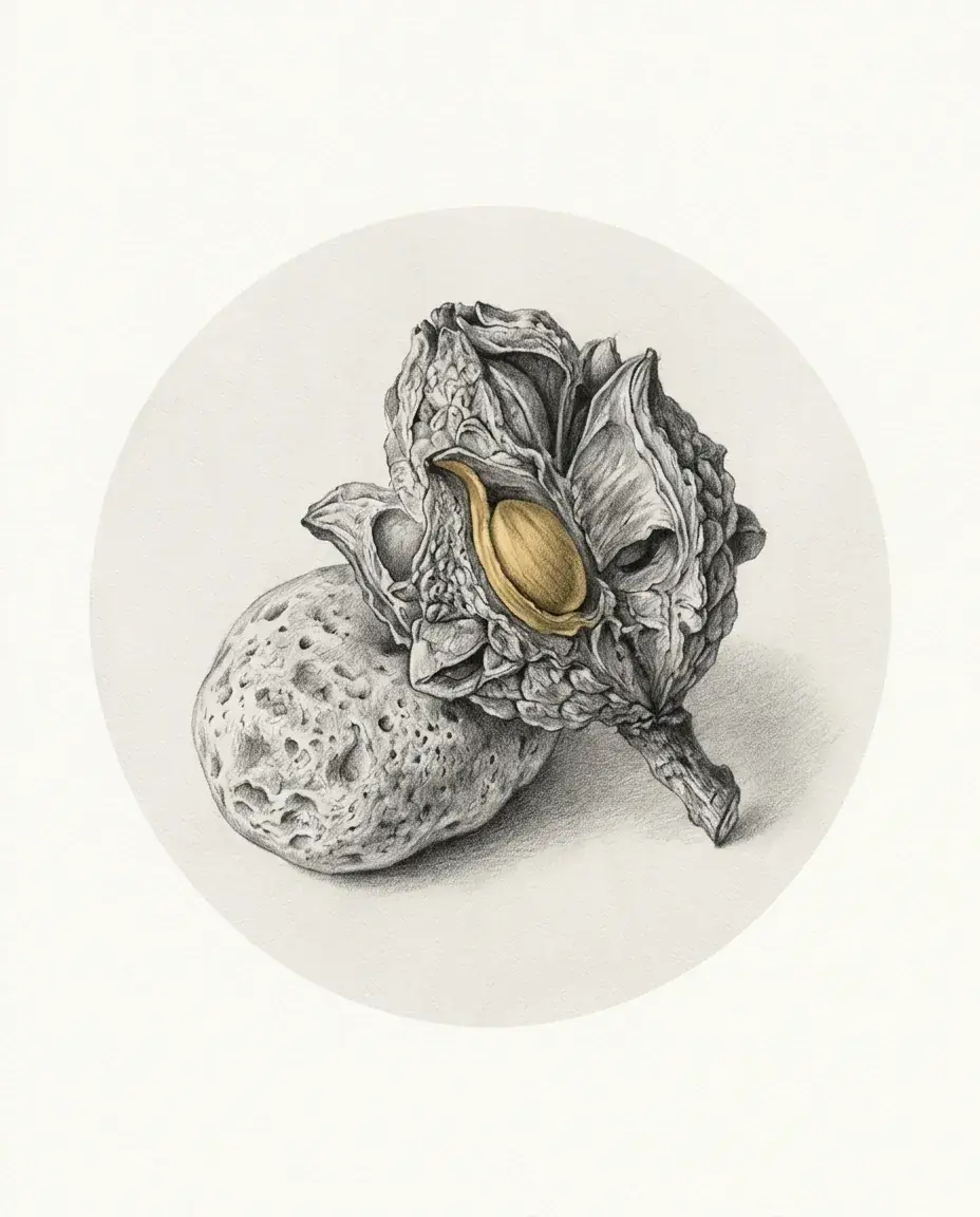 A dried seed pod splits open around one gold kernel, leaning against a pale stone pocked with shallow hollows.