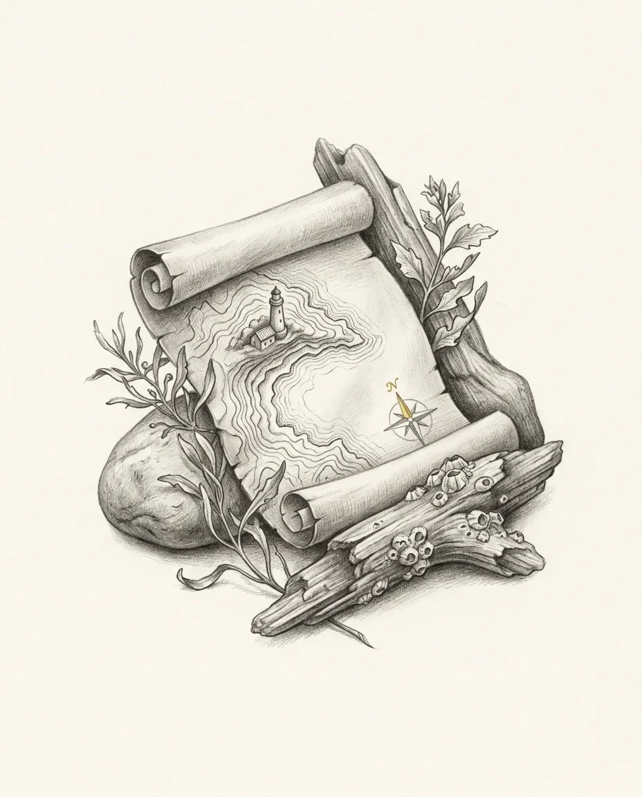 A rolled contour map of a coastal headland leans against driftwood and a smooth stone, its compass rose marking north in gold.