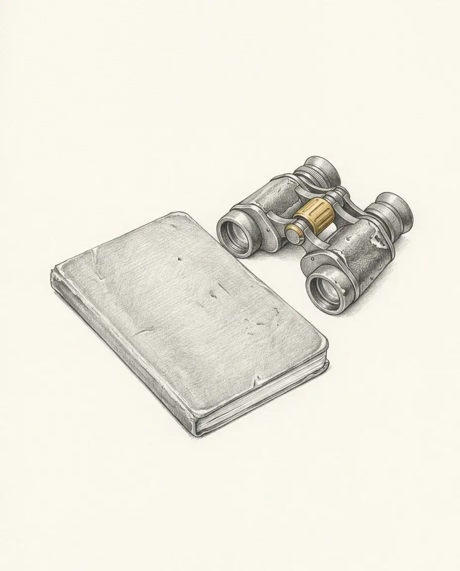 A worn closed pocket notebook rests beside compact field binoculars with a gold-toned focus wheel, both set on a plain surface.