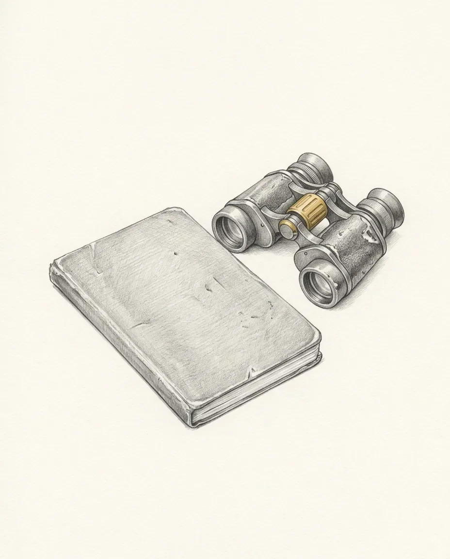 A worn closed pocket notebook rests beside compact field binoculars with a gold-toned focus wheel, both set on a plain surface.