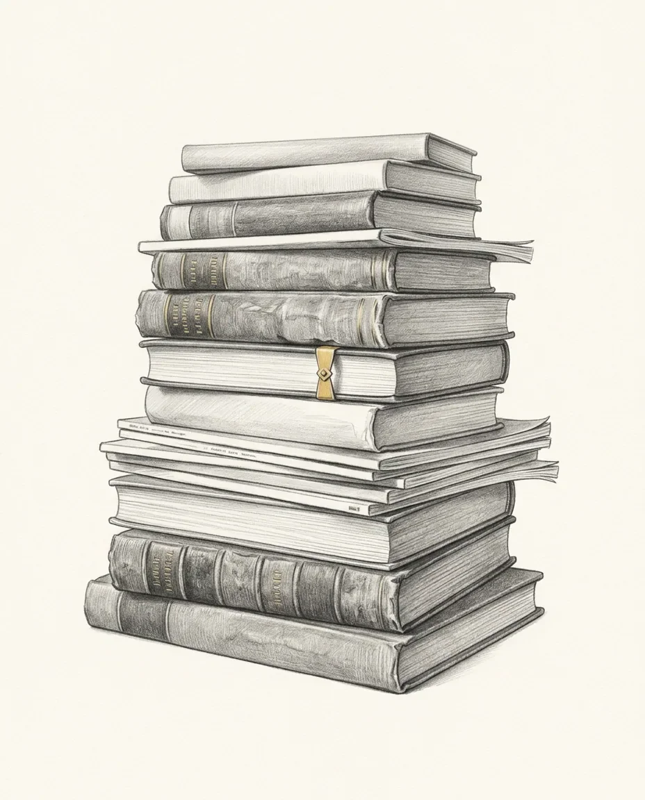 A tall stack of hardcovers and pamphlets sits slightly askew with spines outward, one gold clasp marking a place nobody reached.