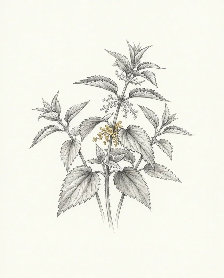 A stinging nettle stands upright with serrated leaves and fine hairs along the stem, its small flower cluster tinted gold.