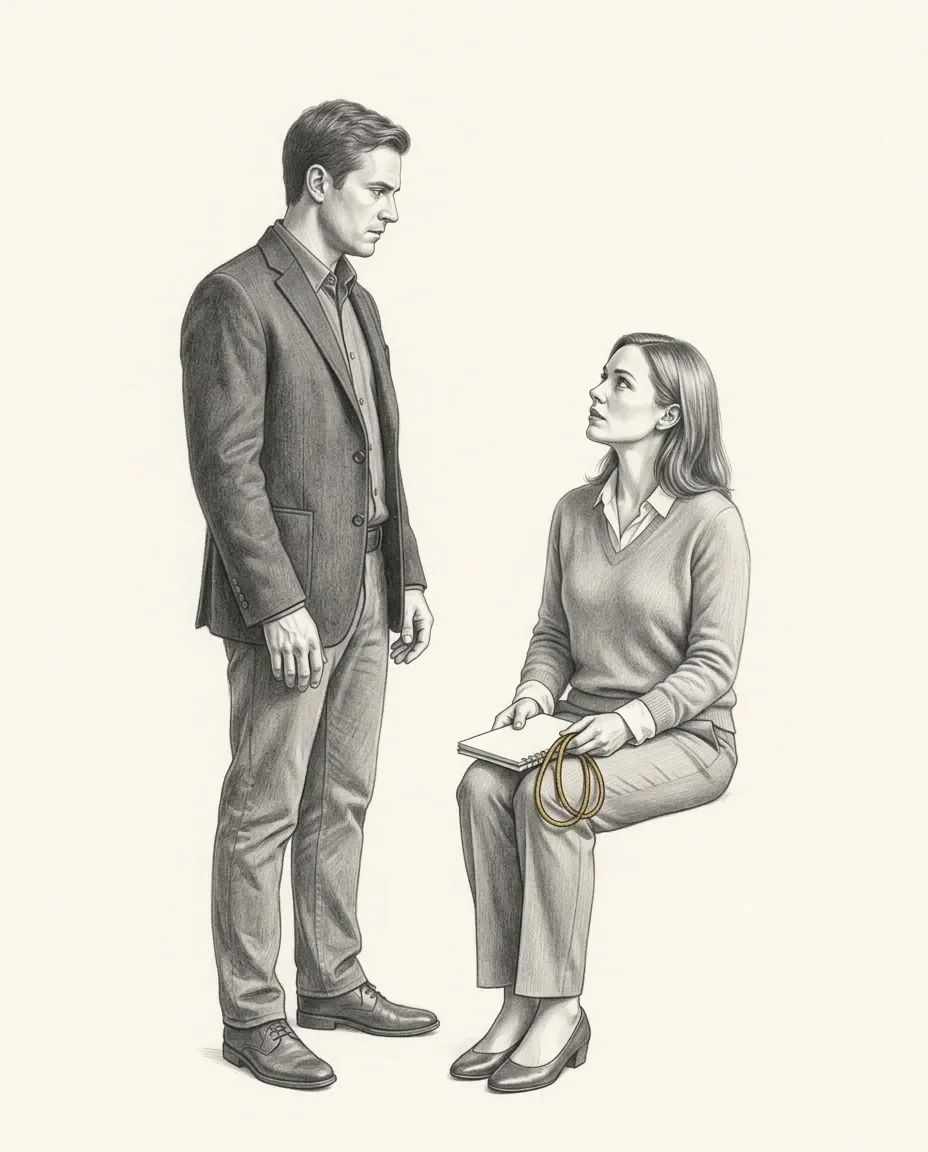 A standing man and a seated woman face each other, the woman holding a notepad and a neat coil of gold-toned rope across her lap.
