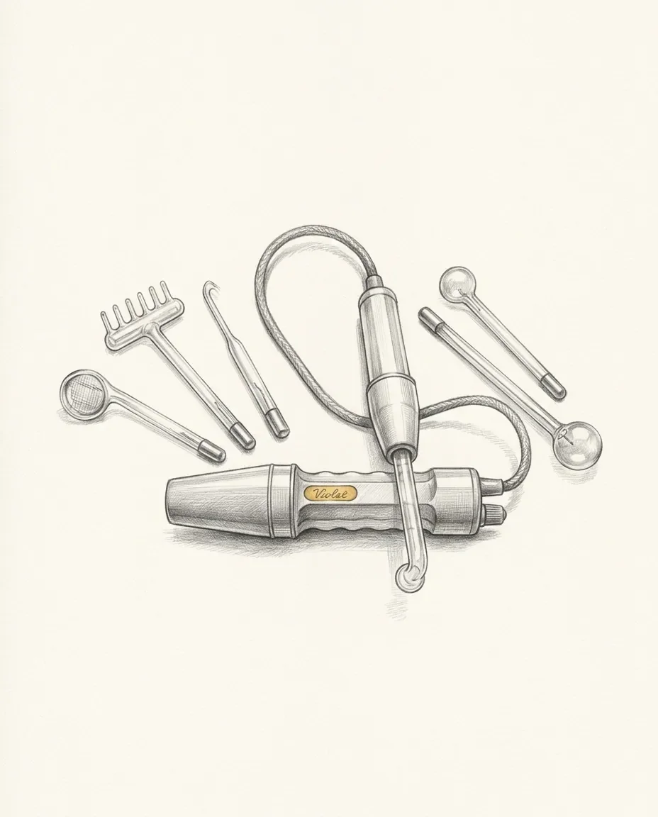 A handled wand with a small gold nameplate rests amid a fanned set of glass electrodes, a coiled cord looping behind them.