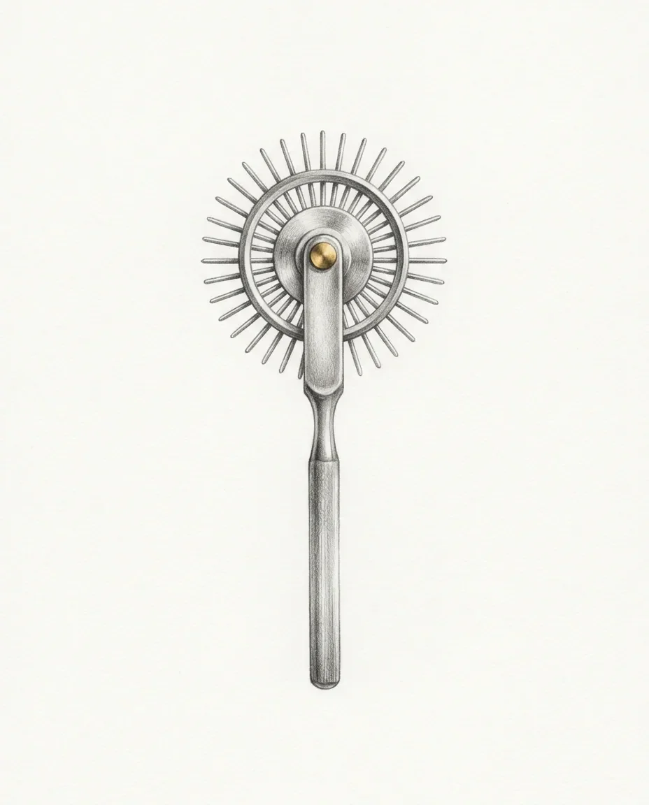 The spiked pinwheel of a neurological examination tool turns on a gold pivot at the head of a slim steel handle.