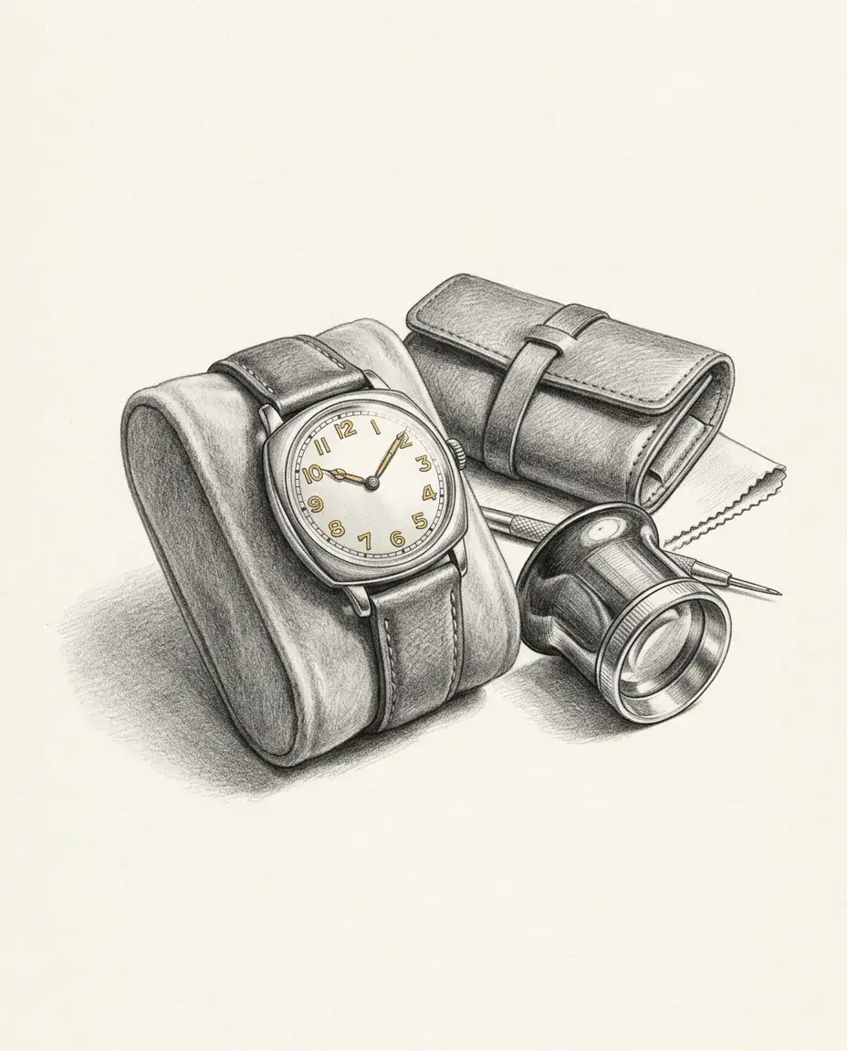 A mechanical wristwatch with gold numerals sits on a leather cushion beside a jeweller's loupe, a rolled travel case, a cloth and a spring bar tool.