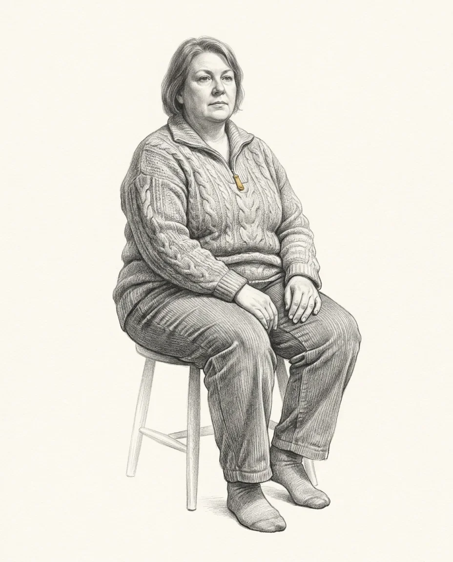 A larger woman sits squarely on a plain wooden stool in a cable knit half zip sweater with a gold zip pull, corduroy trousers and socks.
