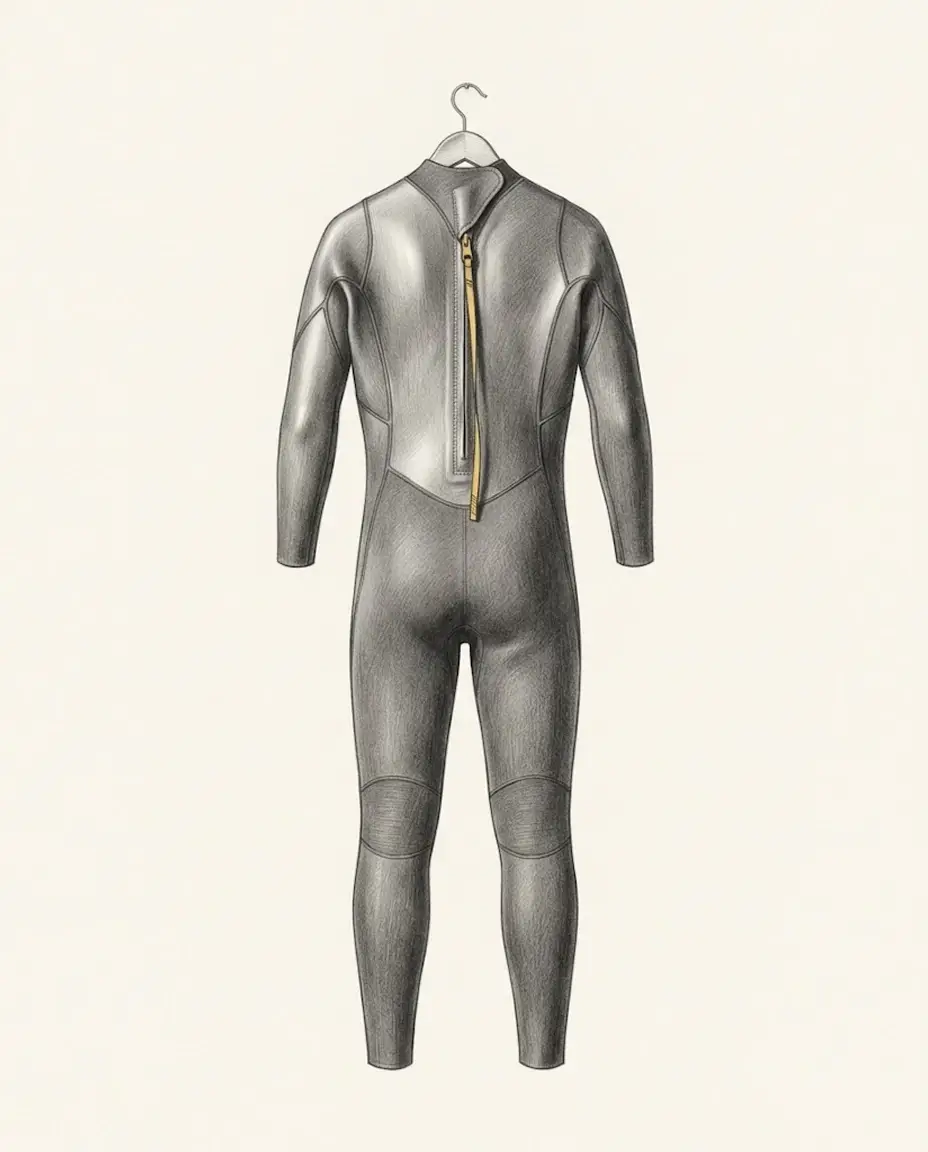 A full-length black neoprene wetsuit hangs empty from a wooden hanger, seen from the back, its long spine zip and pull cord picked out in gold.
