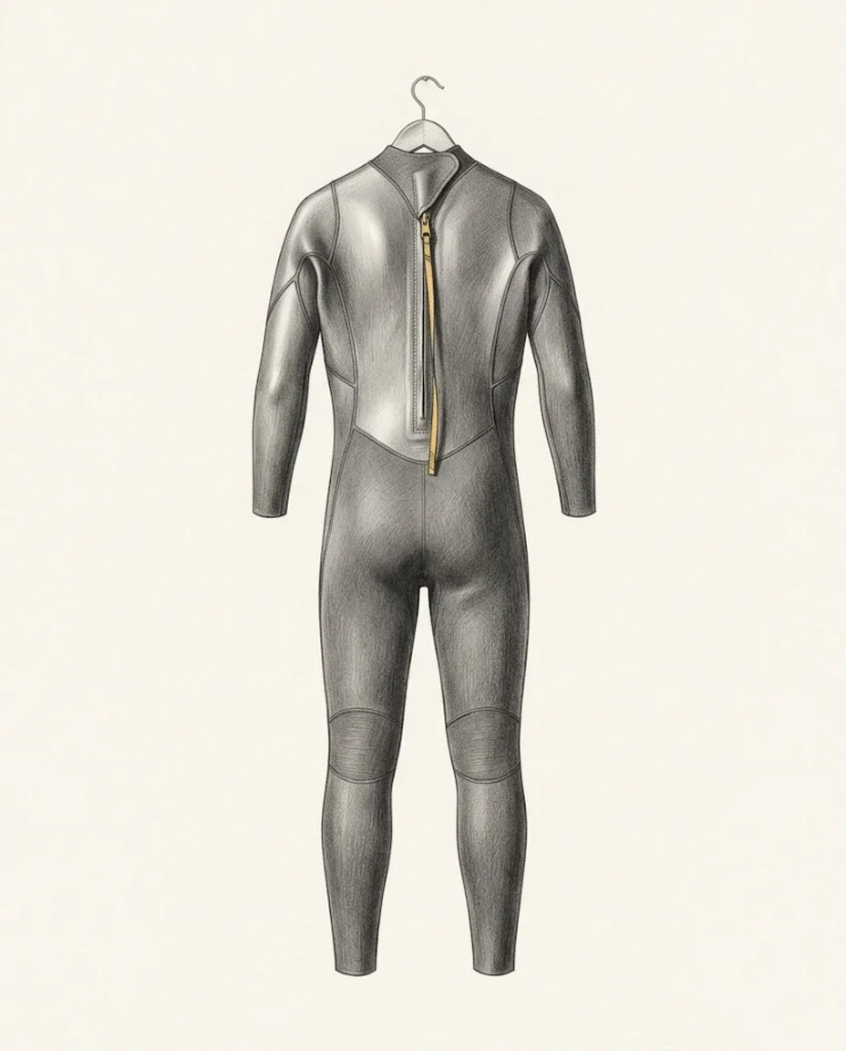 A full-length black neoprene wetsuit hangs empty from a wooden hanger, seen from the back, its long spine zip and pull cord picked out in gold.