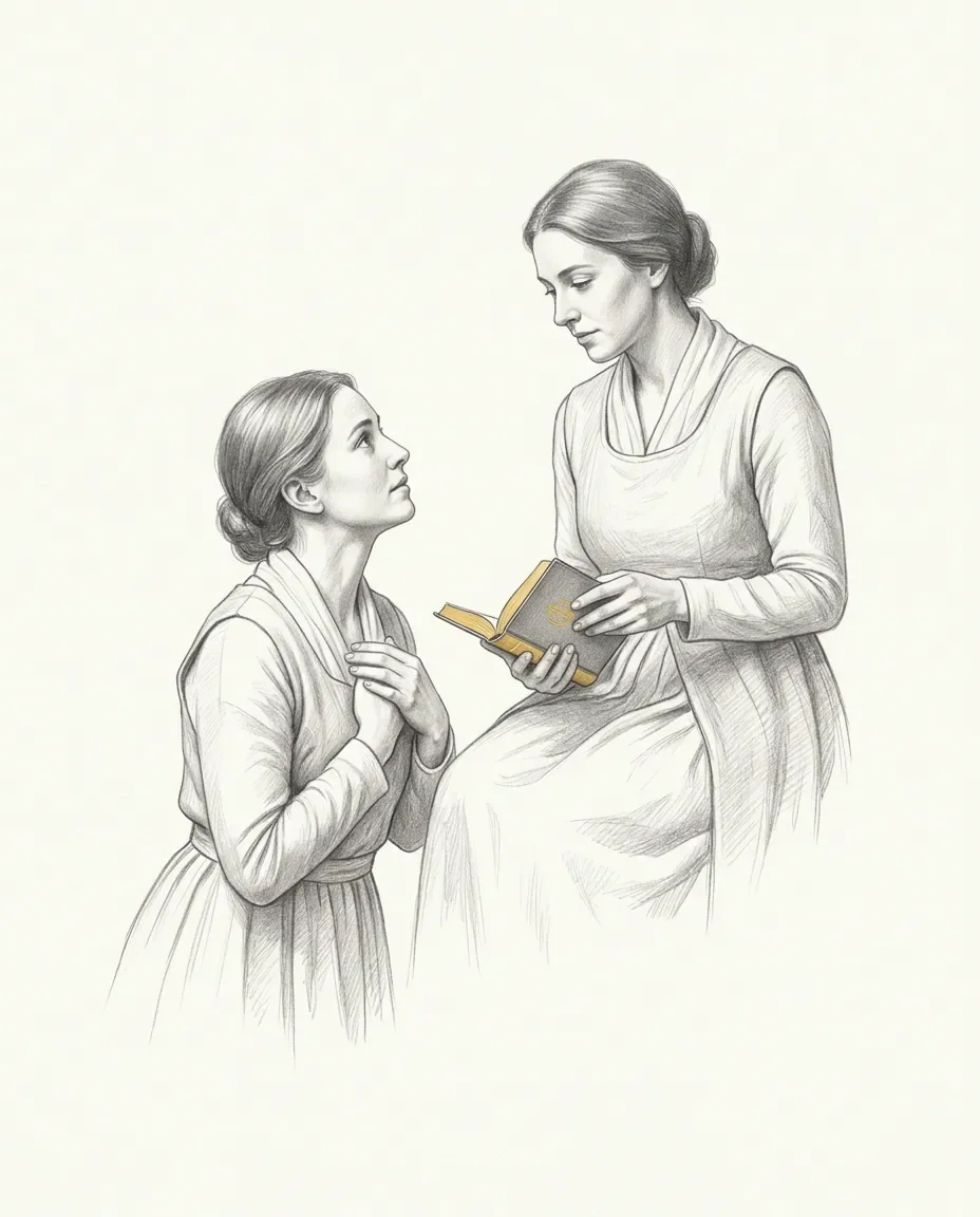 One woman kneels with hands clasped at her chest and eyes raised to a standing companion, who holds a small book with gold edged pages.