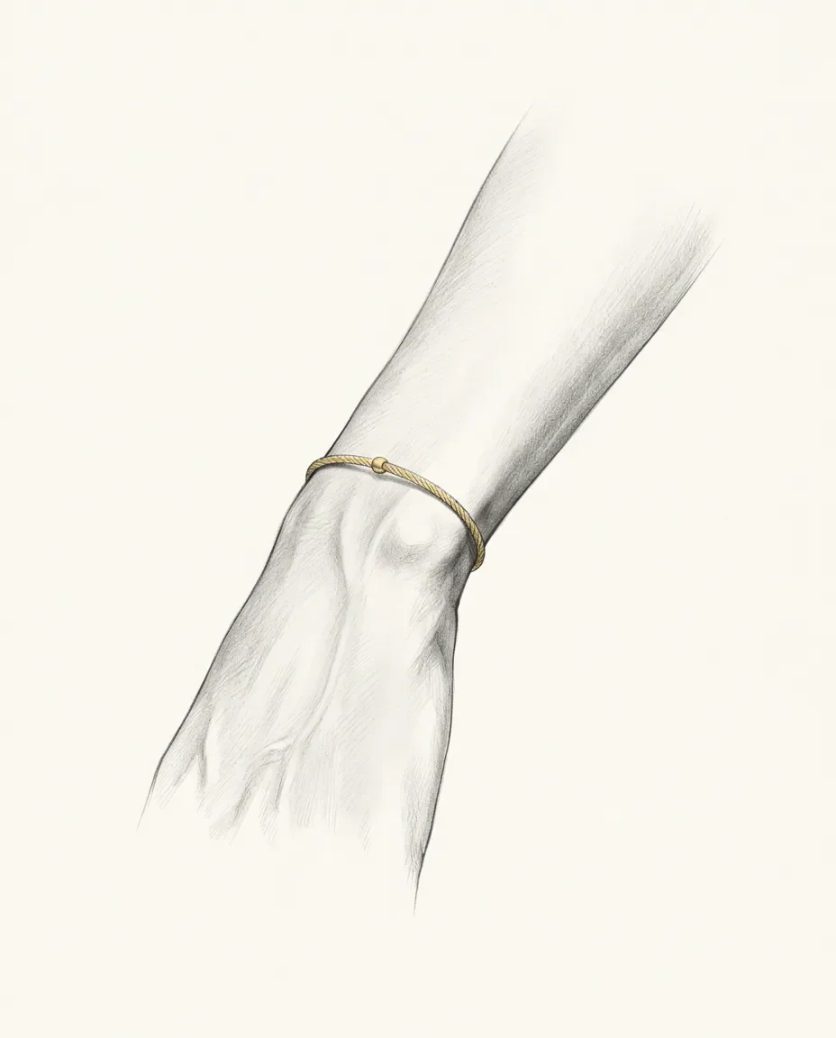 Tendons and the wrist bone catch the light on a bare forearm angling down into a relaxed hand, beneath a thin twisted gold bangle.