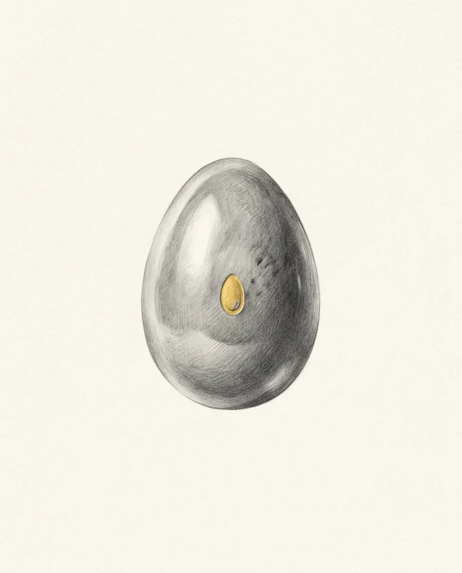 Graphite artwork symbolising Yoni Egg